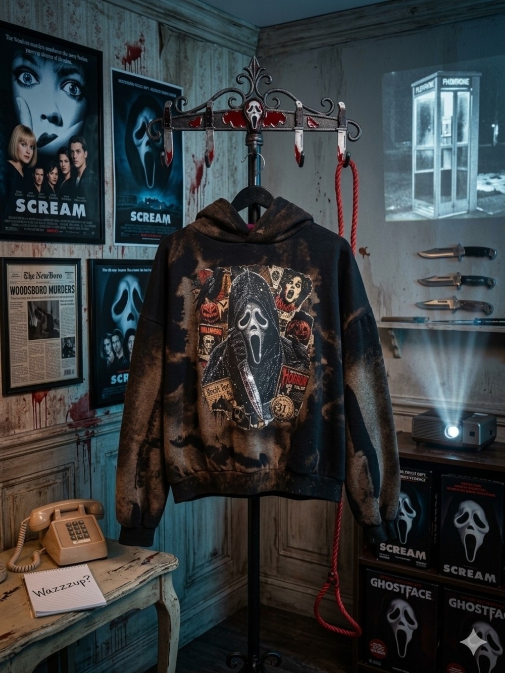 Black Bleached Ghostface Graphic Hoodie - Scream Inspired Hoodie